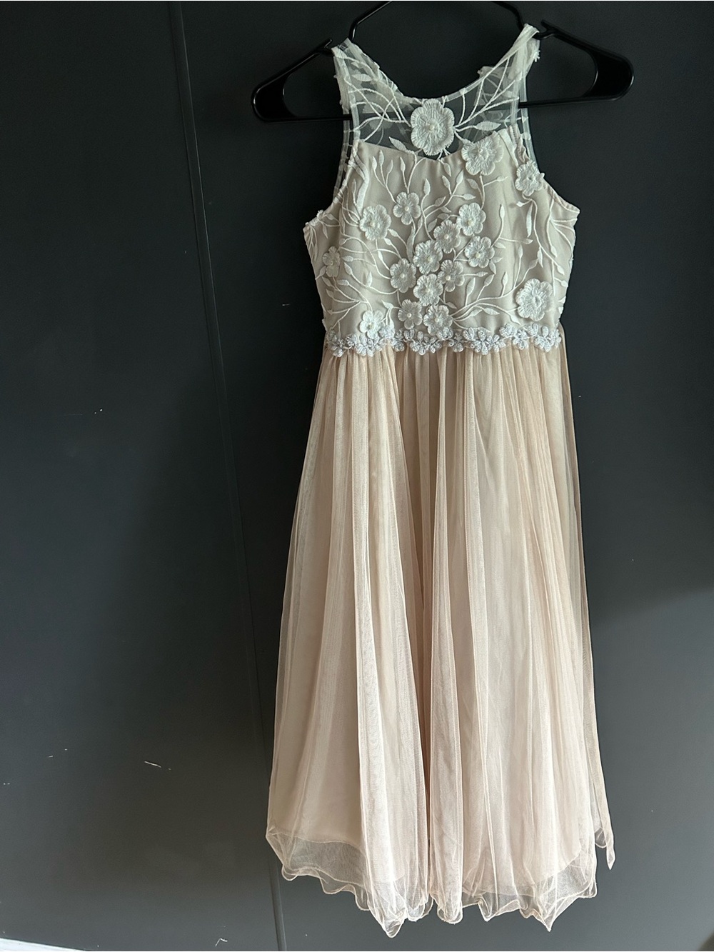 Rare Editions champagne floral embroidered tulle dress